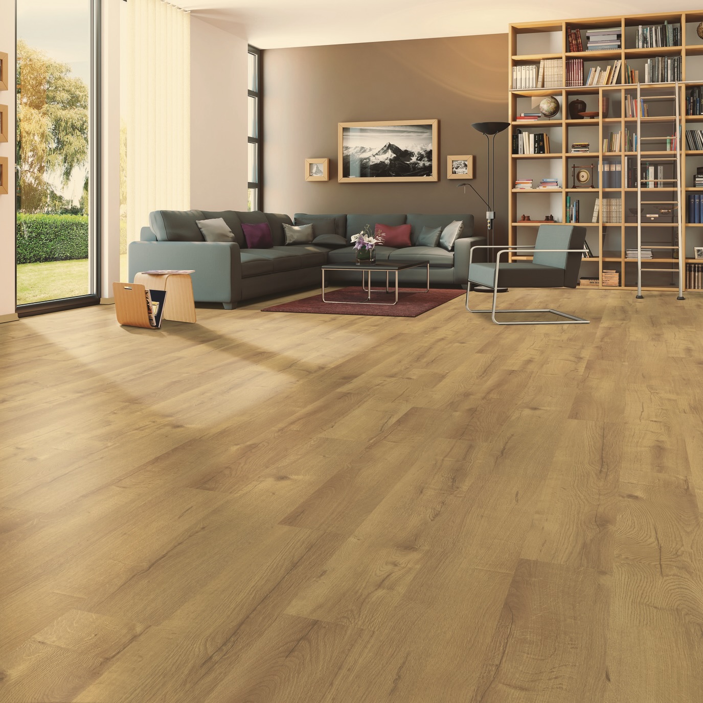 Egger Eiken Antiek laminaat met warme eikenlook in een moderne woonkamer